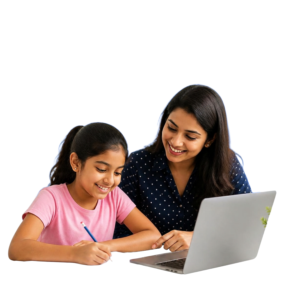 Verified teacher helping a young student with a laptop